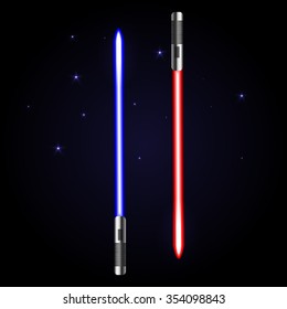 Two glowing swords on cosmic dark blue background with stars. Red and blue light shiny weapon as war symbol.