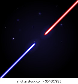 Two glowing swords opposed to each other on cosmic dark blue background with stars. Red and blue light shiny weapon as war symbol.