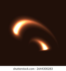 Two glowing warm flying down right left in circle downwards light objects isolated on dark background