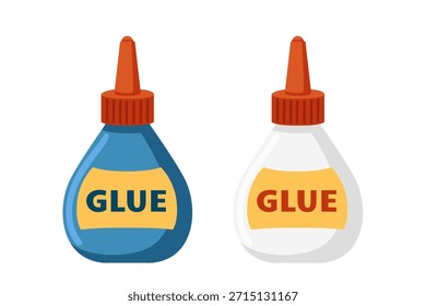 Two glue bottles set. Blue and white adhesive containers with orange caps and yellow labels. Craft supply collection for bonding and repair projects. Flat design. Vector illustration on white.