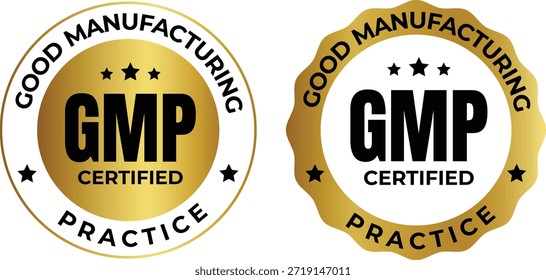 Zwei GMP-zertifizierte Logos mit goldenen und weißen Farbschemata, die auf Standards der guten Herstellungspraxis hinweisen.