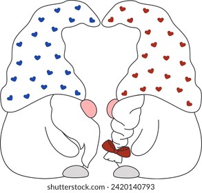 two gnomes boy and girl , hats joined in the shape of a heart, Valentine's Day illustration