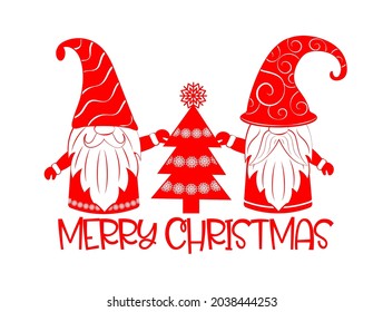 Two gnomes and a Christmas tree. Vector illustration