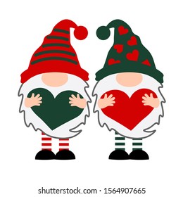 Two gnomes with hearts in their hands vector clip art. Valentines day design. Red and green color. Isolated on transparent background.