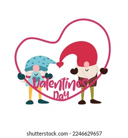 Two gnomes are holding a big heart. Perfect for sticker kit, scrapbooking, party invitation. Editable stroke. Vector illustration.
