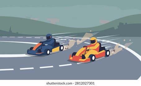 Two go kart racers in protective helmets speed around a curve on asphalt track creating dust in exciting competition.