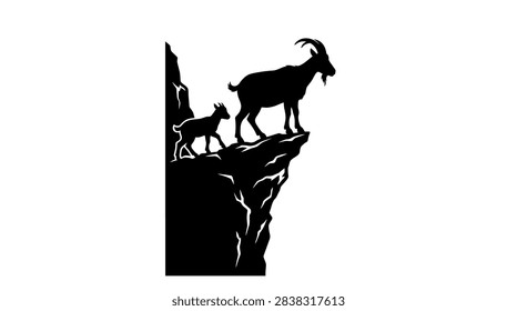 Two goats stand on a steep cliff, facing the open space.