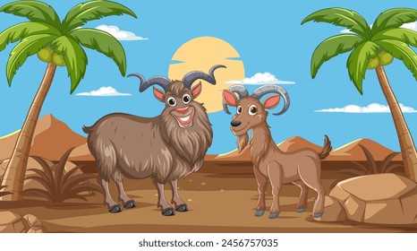 Two goats standing under palm trees in desert.