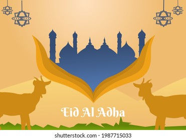 two goats standing under the silhouette of a mosque and a lantern