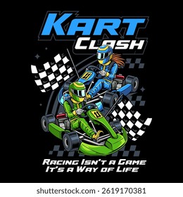 Two Go-Kart duel sports racing with a checkered flag cartoon illustration for poster, t-shirt print, business element, social media content, blog, sticker, vlog, and card