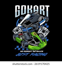 Two Go-Kart sports racing with pistons cartoon illustration for poster, t-shirt print, business element, social media content, blog, sticker, vlog, and card