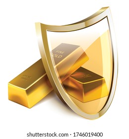 Two Gold bars and glass shield on white background. Banking protection concept symbol. Vector illustration.