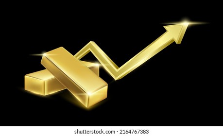 Two gold bars with golder arrows up isolated on dlack background. The growth of world gold. Business economic concept. 3D Vector EPS10 illustration.