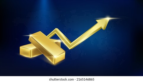 Two gold bars with golder arrows up isolated on dlack background. The growth of world gold. Business economic concept. 3D Vector EPS10 illustration.