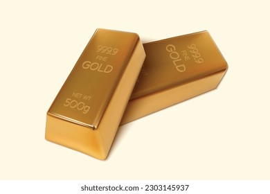 Two Gold bars on isolated background. 500gm Gold Ingot. 3D Render. Vector illustration.