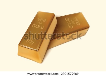 Two Gold bars on isolated background. 50gm Gold Ingot. 3D Render. Vector illustration.