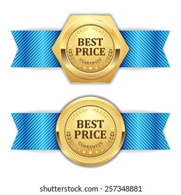 Two gold best price badge with blue ribbon on white background