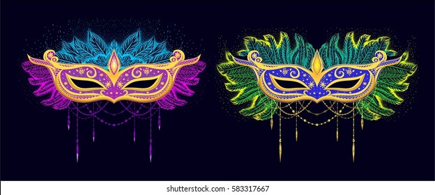 Two gold carnival masks on the black background. Vector isolated illustration. Mardi Gras.
Gold mask with blue and pink feathers and with beads. Blue mask with green feathers and beads.