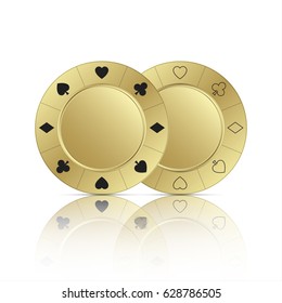 Two gold casino chips with reflection isolated on white background, vector illustration