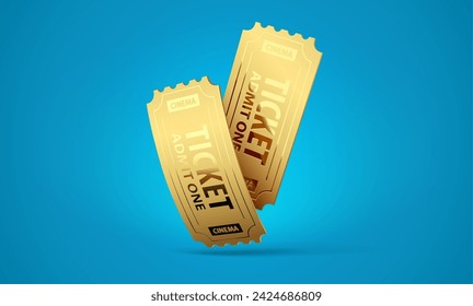 Two Gold cinema tickets for retro movie theater on blue background. Cinematography icon banner or advertising with place text. Vector illustration.