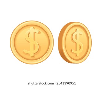 Two gold coins with dollar signs, representing currency, income, or wealth. Suitable for financial, gaming, and investment themes. Vector illustration isolated on white background.