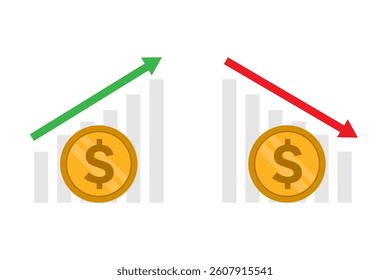 Two gold coins with dollar signs and green up and red down arrows.