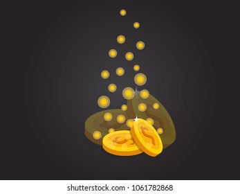 Two Gold coins vector EPS10 icon with dollar sign. on dark Background. Vector illustration.