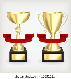 Two gold cup with a red ribbon