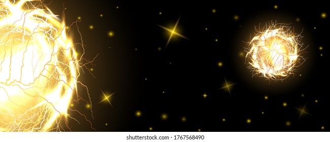 Two gold electric balls. Powerful electrical discharge, magical energy flash. Lightning circle strike impact place, plasma sphere in isolated on dark background. Realistic 3d vector illustration