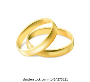 Two gold engagement rings isolated on white background, jewelry for married couple, wedding decoration elements, vector illustration
