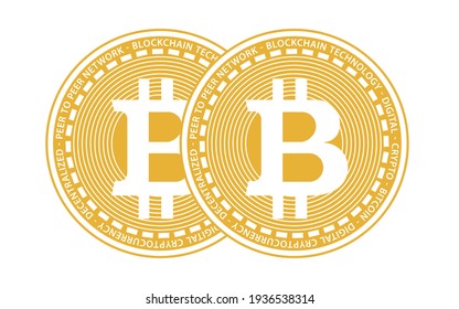 Two gold flat coins bitcoin on white background. Vector eps 10