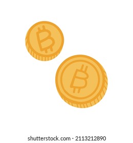 Two gold flat coins, Hand drawn bitcoins on white background. Vector flat illustration isolated on white background.