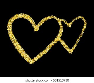 Two gold glitter hearts isolated over black background. Happy Valentines Day golden glamour design element.
