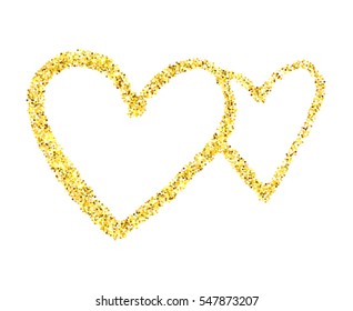 Two gold glitter hearts isolated over white background. Happy Valentines Day golden glamour design element.
