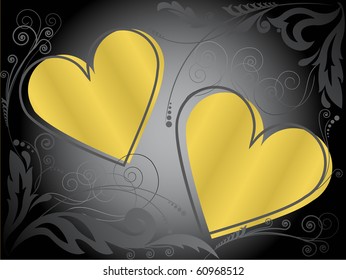 two gold hearts on a black background with floral pattern