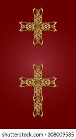 two gold knitted a cross on a red background