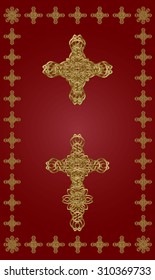 two gold knitted a cross on a red background