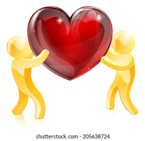 Two gold people holding a giant heart or one passing it to the other. Love or heart health concept