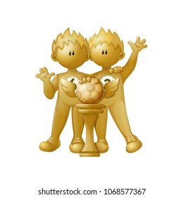 A two gold players stand behind the pedestal with a winged ball. One football player put his arm on the second player's shoulder. The second player raised his hand for greetings. Vector illustration.