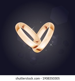 Two gold rings  on black  background. Template for wedding and romantic design