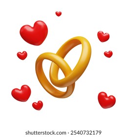 Two gold rings and red hearts around. Composition. Wedding or anniversary concept. 3D icon. Realism. Celebration. Love. Romance. Marriage. Vector illustration isolated on white background.