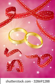 two gold rings and ribbons on red background