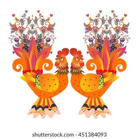 Two gold roosters with flowers. Greeting card. Chinese New Year. 2017. Print for fabric.