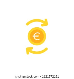 Two gold round arrows with golden euro coin. Flat icon. Isolated on white. Currency exchange icon.  Economy, finance, money, investment symbol. Vector illustration. Money Turnover icon. 