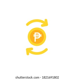 Two gold round arrows with golden peso coin. Flat icon. Isolated on white. Currency exchange icon.  Economy, finance, money, investment symbol. Vector illustration. Money Turnover icon. 