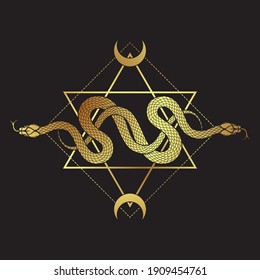 Two gold serpents over the six pointed star line art boho chic tattoo, poster, tapestry or altar veil print design vector illustration.
