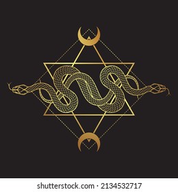 Two gold serpents over the six pointed star line art boho chic tattoo, poster, tapestry or altar veil print design vector illustration.