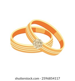 Two gold, silver rings with stones. Rings for engagement, wedding or Valentine's Day. Give a gift for lovers. Vector isolated icons