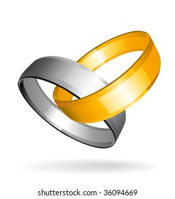 Two gold and silver wedding rings with shadow. Vector illustration.