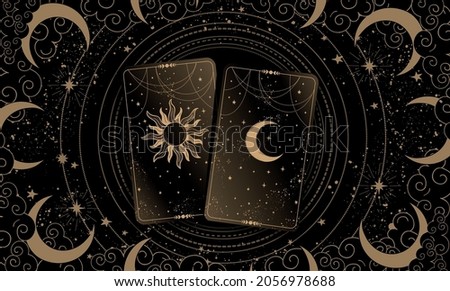 Two gold tarot cards on a black mystical background with the moon and stars. Modern banner for astrology, fortune telling, witch. Vector flat wallpaper. Foto d'archivio © 